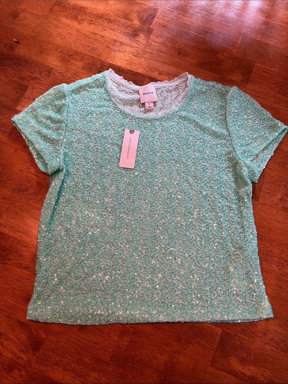 Anthropologie Mint Sequin Lace Short Sleeve Tee